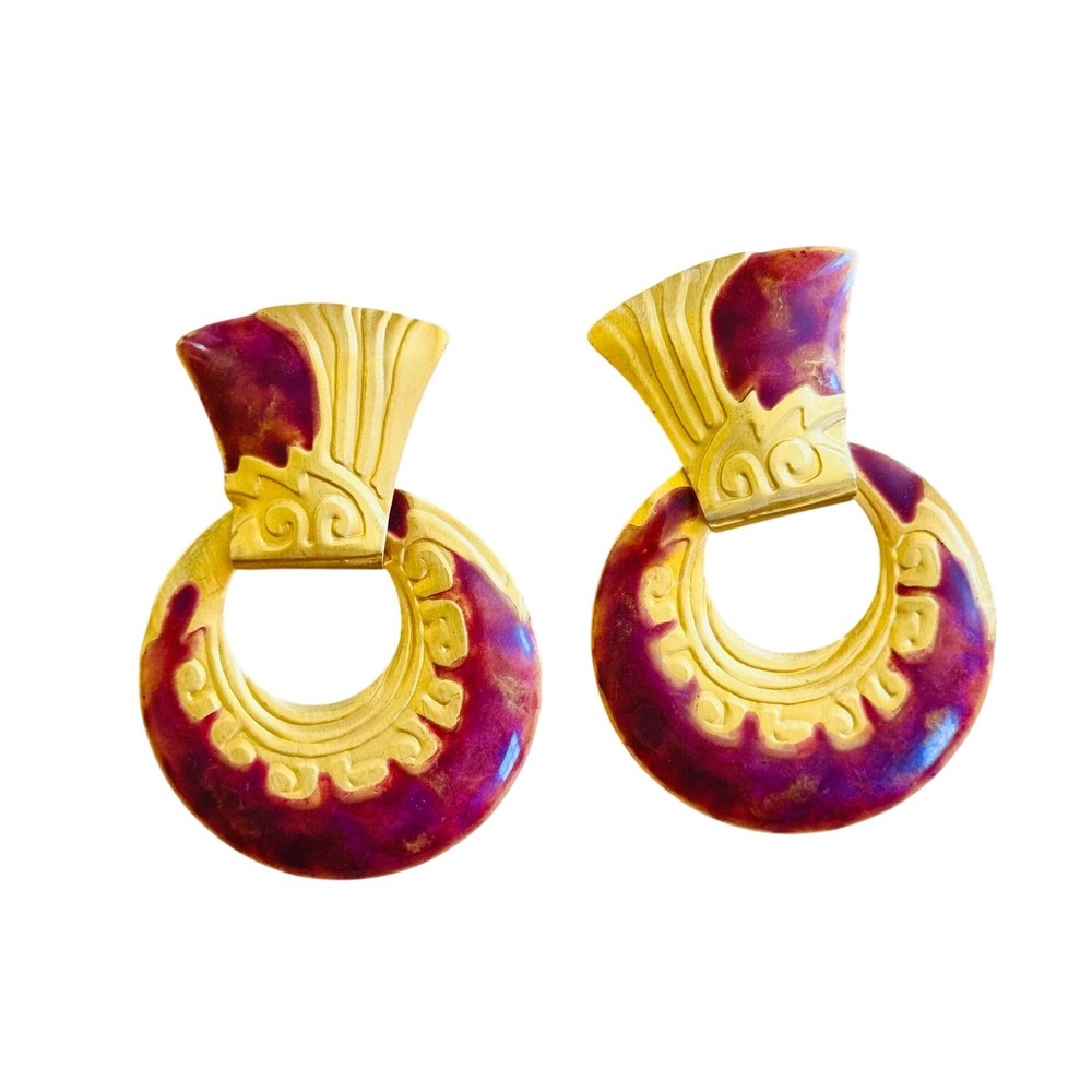 VTG Edgar Berebi Earrings Dangle Enamel Chunky Pierced Hoop Gold‎ Signed 80s